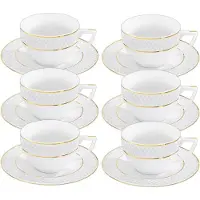 Wilmax England Jeu de 6 tasses à café Wilmax de 90 ml avec soucoupes, en porcelaine blanche avec décor doré
