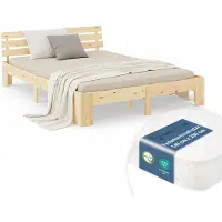 Homestyle4u Lit double en bois 140x200 avec matelas à ressorts naturelle pin Cadre de lit en bois massif sommier à lattes