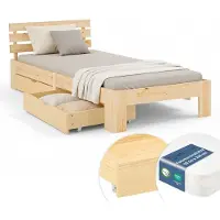 Homestyle4u Lit simple en bois 90x200 avec matelas à ressorts et 2 tiroirs naturelle pin Cadre de lit en bois massif sommier à lattes