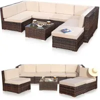 Feel2Home Salon de jardin en polyrattan Lounge Garniture groupe de repas brun