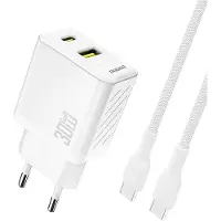 Dudao A27TCEU 30W GaN Charger + USB-C White (30 W, 2 ports), Chargeur USB, Blanc