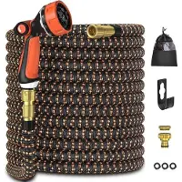 Famanu Tuyau d'arrosage extensible de 50ft - Buse à 10 fonctions - Raccords en laiton 1/2"& 3/4" - Tissu 3750D - sans plis - léger - tuyau d'eau flexible