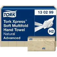 Tork Essuie-mains pliés Xpress Soft Natural Multifold 130299, 2 plis, pliage en zigzag, compatible H2, 21 paquets de 180 feuilles, 100 % papier recyclé, couleur naturelle