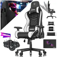 Kesser Chaise de gaming avec repose-tête et coussin lombaire. Fauteuil de jeu ergonomique, supportant jusqu'à 150 kg, avec accoudoirs pivotants à 360°. Chaise de bureau pivotante, noire/blanche