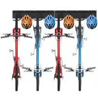 TJ Trading Support mural pour vélos TOJ – 3 barres avec 4 crochets pour vélos et 4 crochets pour accessoires – Système de suspension pour vélos, idéal pour garage, abri de jardin et cave – Noir