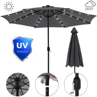 Feel2Home Parasol de marché avec 32 LED et manivelle, diamètre 300 cm, hauteur 250 cm, en polyester, structure en acier, 8 brins, couleur grise, forme ronde