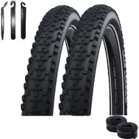 Schwalbe 2 pneus Smart Sam Addix DD Performance Line 29 x 2,60 (65-622), noirs avec bandes réfléchissantes, + 2 chambres à air AV19F, incluant des démonte-pneus