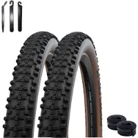 Schwalbe 2 pneus de vélo Smart Sam ADDIX Performance Line, 29 x 2,60 (65-622), noirs/bronze + 2 chambres à air SV19F, incluant des démonte-pneus