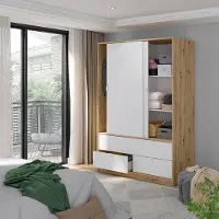 Dmora Ponna - Armoire 2 Portes, 140x200h cm Brun Chêne Noeuds, Porte-manteaux