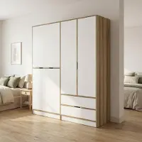 Dmora Odalys - Grande Armoire, 185x208h cm Blanc et noyer\ et noyer\, Porte-manteaux