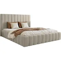 Selsey Fiarro - Lit rembourré 140x200 avec sommier, velours, beige clair