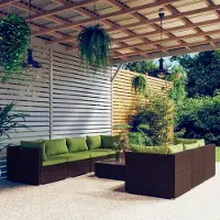 The Living Store Ensemble de salon de jardin 8 pièces avec coussins Poly rotin brun