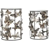 Mauro Ferretti Paire De Tables Basses Papillon Multicolores En Métal Et Verre - Dimensions : 41,3 X 55 Cm Et 35 X 50,3 Cm - Design Décoratif, Original Et Glamour