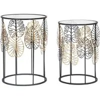 Mauro Ferretti Paire De Tables Basses Glam Leaf Avec Structure En Métal Noir Et Plateau En Verre - Ø 38X55 Et 33X50 Cm - Design Or Naturel Et Noir Pour Des Intérieurs Élégants