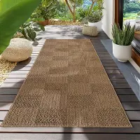 Teppium Tapis Extérieur Couloir 80x150 cm Résistant aux Intempéries Facile d’Entretien Aspect Jute Naturel Design Carreaux pour Entrée Cuisine Terrasse Balcon