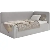 Selsey Fanko – Lit pour enfant 90 x 200 cm avec barrière de sécurité, matelas, tête de lit à droite, velours, gris clair