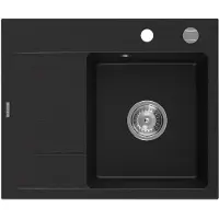 Mexen Ben Evier en granit à 1 compartiment avec égouttoir à droite 600 x 500 mm, noir, siphon chrome - 6523605000-77