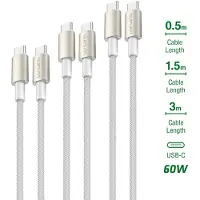 4smarts Câbles USB-C vers USB-C PremiumCord 60 W, lot de 3 (0,5 m + 1,5 m + 3 m), blanc / argent