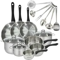 Fackelmann Batterie de cuisine avec 3 poêles 20/24/28 cm et 3 casseroles 12/16/20 cm avec 6 ustensiles de cuisine Généva Brillant Oxford