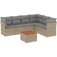 vidaXL Ensemble de salon de jardin 7 pièces avec coussins Beige Poly Rattan