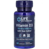 Life Extension , Vitamine D3 avec Iode Marin, 125 mcg (5 000 UI), 60 Gélules