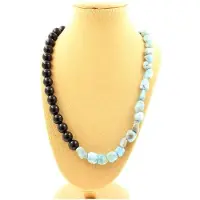 Bijoux Pierres et Minéraux. Collier perles Larimar de République Dominicaine + Agate noire 8 mm. Collier femmes, hommes. Taille personnali