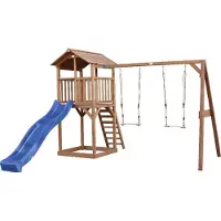 Axi Beach Tower Aire De Jeux Avec Toboggan En Bleu, 2 Balançoires & Bac À Sable | Grande Maison Enfant Extérieur En Marron | Cabane De Jeu En Bois