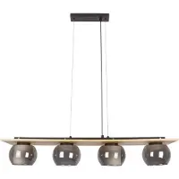 Näve Suspension "TEXAS", modèle 4. Dimensions : L 90 cm. Matériaux : fer, bois, verre et textile. Ampoules non incluses : 4 x E27, puissance maximale de 5 W par ampoule