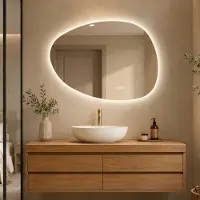 S'AFIELINA Miroir de salle de bain, Interrupteur LED tactile, Asymétrique, 3 couleurs de lumière réglables, anti-buée et fonction mémoire, 75×55cm