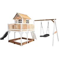 Axi Liam Maison Enfant Avec Bac À Sable, Balançoire Nid D'Oiseau Noir & Toboggan Gris | Aire De Jeux Pour L'Extérieur En Marron & Blanc | Maisonnette