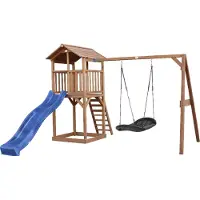 Axi Beach Tower Aire De Jeux Avec Toboggan En Bleu, Balançoire Nid D'Oiseau Noir & Bac À Sable | Grande Maison Enfant Extérieur En Marron | Cabane