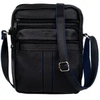 Kaletnik Sac à main pour homme Oryl en cuir de vachette naturel, avec bandoulière réglable, trois compartiments principaux, plusieurs poches zippées - Noir