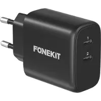 FoneKit GaN PD -verkkovirtalaturi, USB-C + USB-C, musta (65 W, 2 ports), Chargeur USB, Noir