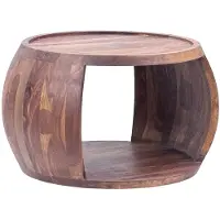 Wohnling Table basse en bois massif de Sheesham ronde 60 cm x 50 cm x 40 cm - Table de salon avec compartiment de rangement - Fait main en bois véritable au design cottage
