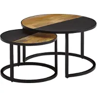 Wohnling Table basse 2 pièces table basse massive en bois de manguier / aspect pierre ronde moderne |