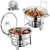 Vevor Hot Pot Chauffe-plats de buffet avec 2 grands récipients (4,7 litres chacun) avec couvercle en verre et bac à eau et support rabattable pour buffets, Argent