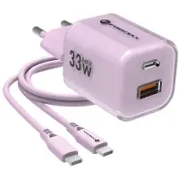 Forcell F-ENERGY Crystal Color GaN III VT-41 chargeur de voyage avec câble en silicone avec 1 x Type C + 1x USB A prises, PD QC4.0 33W violet