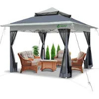 VOUNOT Pavillon 3,6 x 3,6 m, tente de réception pop-up avec parois en filet et double toit, pavillon pliable gris