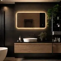 Megagoods LoXa – Miroir de salle de bain Marbella 100x60 avec LED – Cadre doré – Dimmable – Antibuée – IP44