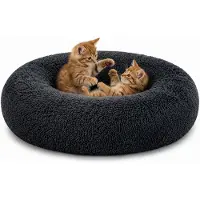 Lionto Donut coussin pour chat, lit rond avec housse en peluche & fond antidérapant, bord surélevé pour un sentiment de sécurité, 70 cm de diamètre, gris foncé