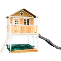 Axi Marc Maison Enfant Avec Bac À Sable & Toboggan Gris | Aire De Jeux Pour L'Extérieur En Marron & Blanc | Maisonnette / Cabane De Jeu En Bois