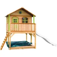 Axi Marc Maison Enfant Avec Bac À Sable & Toboggan Blanc | Aire De Jeux Pour L'Extérieur En Marron & Vert | Maisonnette / Cabane De Jeu En Bois