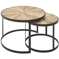 FineBuy Table basse set de 2 tables en bois massif Mango Table de salon ronde avec pieds en métal brun Set de table 2 pièces Table de salon bois / métal noir