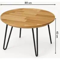 REGALIK Table basse ronde en chêne Ø80 cm – pieds métal noir, bois massif, H43 cm, table de salon moderne, table d’appoint robuste