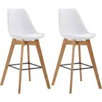 CLP - Ensemble de 2 tabourets de bar Metz, en plastique, avec dossier et repose-pieds. Couleur : blanc. Structure : couleur bois naturel