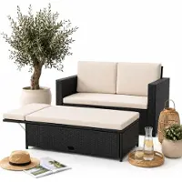 Mucola Meubles de jardin en poly rotin Lounge Fauteuil Canapé Banc Table Repose-pieds pliable Set de jardin en rotin Outdoor - Noir