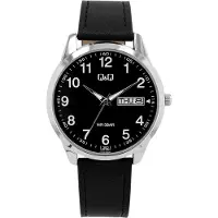 Q&Q Montre pour homme, bracelet en cuir véritable, couleur argentée, avec indication de la date