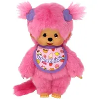 Bandai Peluche Monchhichi Fruits Gelés 20 cm - - Fourrure rose - Bavoir gourmand - Cadeau pour enfants
