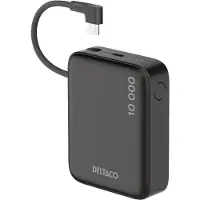 Deltaco Batterie externe de 10 000 mAh, câble en tissu intégré, PD 20 W, noir (10000 mAh, 20 W, 38.50 Wh), Chargeur de secours, Noir