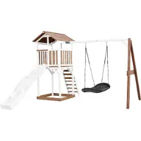 Axi Beach Tower Aire De Jeux Avec Toboggan En Blanc, Balançoire Nid D'Oiseau Noir & Bac À Sable | Grande Maison Enfant Extérieur En Marron & Blanc |